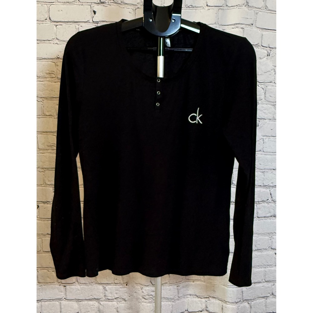 Calvin Klein Womens Black Ribbed Henley Long Sleeve Sleepwear‎ Top Size Medium
